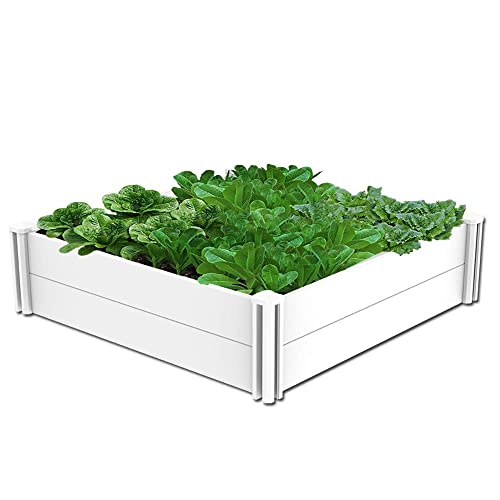 4'x4' White Vinyl Raised Garden Bed Kit, Outdoor Above Ground Garden Box for Growing Vegetables, Flowers, Herbs, DIY Gardening, Whelping Pen and More - size: 48"L x48"W x13.3"H without Grid