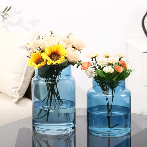 Large Glass Vase, Blue Glass Vase Set of 2, Large Flower Vases for Bouquet, Tall Wide Mouth Vases for Flowers, Home, Wedding, Living Room, Office Decor, 7"+9" - color: Blue, size: 7 Inch + 9Inch