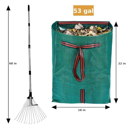 Adjustable Leaf Rake & 53 Gallon Bag, 33-68" Extendable Telescoping Yard