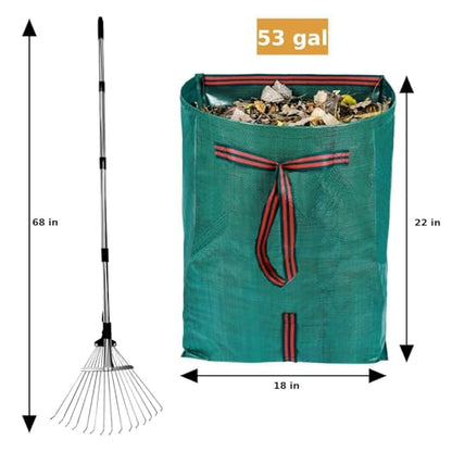 Adjustable Leaf Rake & 53 Gallon Bag, 33-68" Extendable Telescoping Yard