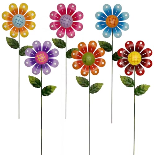 Metal Garden Flower Stakes, 16.5 Inch Decorative Outdoor Stakes with Colorful Flower Heads, 6 Pack Garden Yard Art Decor - color: E