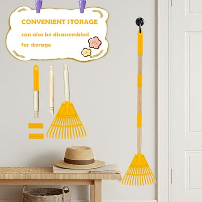 Kids Leaf Rake - 3-Section Adjustable Handle, Lightweight, Wood & Plastic, Small Garden Tool for Children (Yellow) - color: Yellow