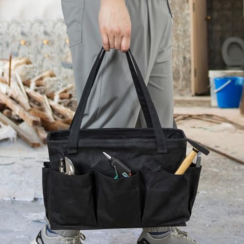 Tool Pouch, Heavy Duty 16oz Waxed Canvas Tool Bag, Rectangle Foldable Open Top Tool Bags with Handles, 10 Pockets | 15.5 x 7.5 x 10.5 Inches - color: Black, size: 15.5 Inch