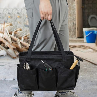 Tool Pouch, Heavy Duty 16oz Waxed Canvas Tool Bag, Rectangle Foldable Open Top Tool Bags with Handles, 10 Pockets | 15.5 x 7.5 x 10.5 Inches - color: Black, size: 15.5 Inch