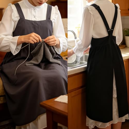 Cotton Linen Apron Cross Back Apron for Women with Pockets Pinafore Dress - color: 2 Pack-black+gray
