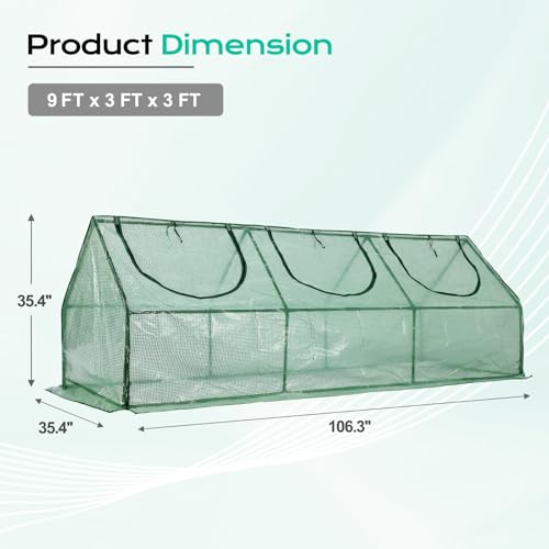 BPS 9x3x3 FT Mini Greenhouse with Roll-Up Zipper Windows, Green PE - color: Green, size: 9x3x3 FT