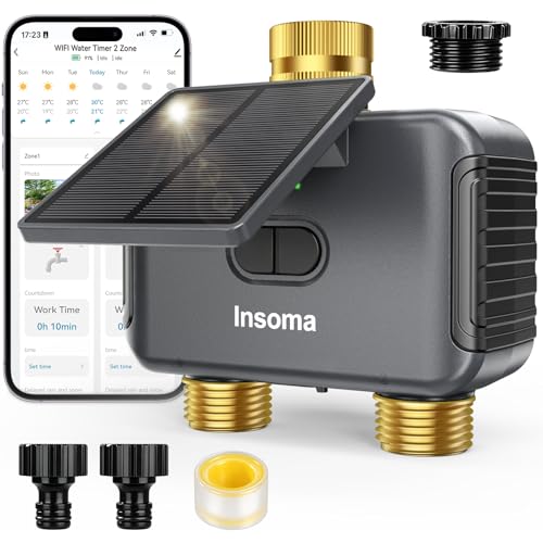 Insoma Solar WiFi Water Timer 2 Zone, Solar&Type-C Rechargeable Smart Sprinkler Timer w/Adjustable 120° Solar Panel, APP&Voice Control Automatic Irrigation for Garden Hose Lawn, No Gateway Required - size: 2 Zone-Solar-Brass