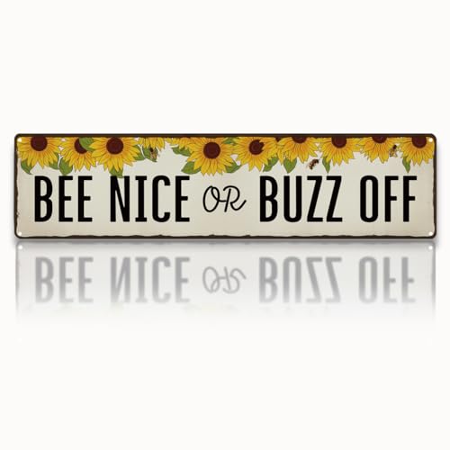Honey Garden Metal Tin Sign, Funny Vintage Farmhouse Decor, Bee Nice or Buzz Off Sign, for Yard Fence Door Porch, Indoor Outdoor Garden Decoration, Ideal for Bee Lovers, 15.7 x 3.9 Inches - color: Garden 01