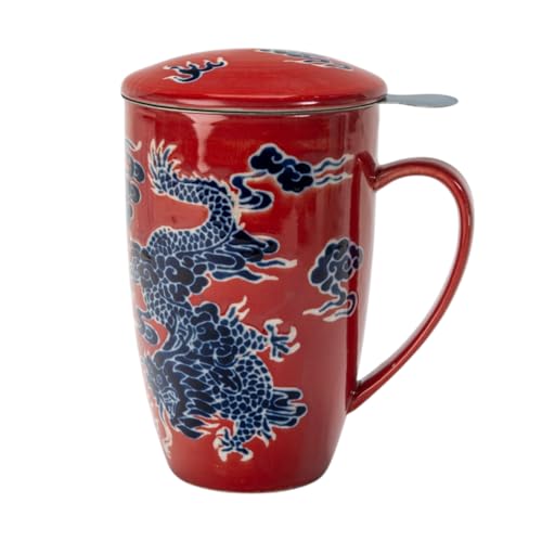 Tea Mug With Lid and Stainless Steel Infuser For Loose Leaf Tea Bag,15oz Tea Cup Porcelain, Hot Beverage Everyday Use Home Office, Gift Boxed (Red Dragon) - style: Red Dragon