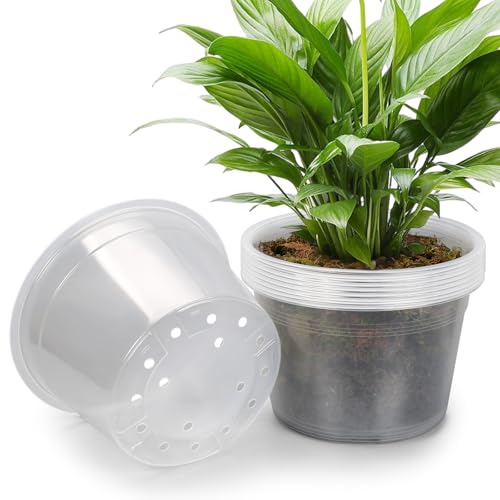 10 Pack 8 Inch Large Clear Nursery Pots with Drainage Hole, Plastic Plant Pots for Seedlings Flowers Vegetables, Indoor Outdoor Gardening, Used as Liners Inside Decorative Pots (8 inch) - size: 8 Inch-10pcs