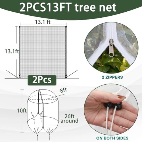 2 Pack 13x13 FT Fruit Tree Net Bags, Zipper Bird Net Cover for Apple Trees - size: 13x13ft(2Packs)