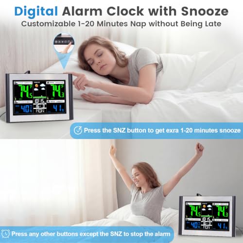 Weather Station Wireless Indoor Outdoor Thermometer, Alarm Clock - color: Black&Silver