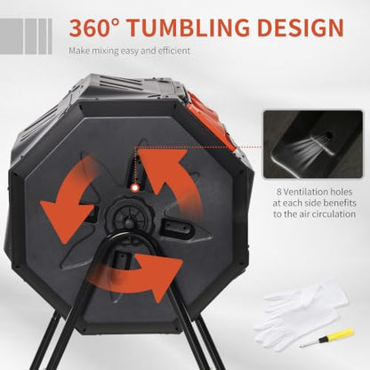 Outsunny Tumbling Compost Bin 360° Dual Chamber 43 Gallon, Orange - color: Orange