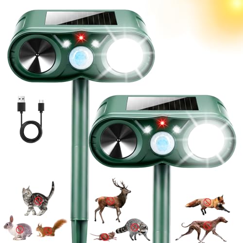 2 Pack Sonic Fortress Pro Deer Repellent -Solar Animal Repeller for Garden USB Cat Repeller Outdoor with Light to Scare Fox Squirrel Raccoon Skunk Rabbit Deterrent for Yard