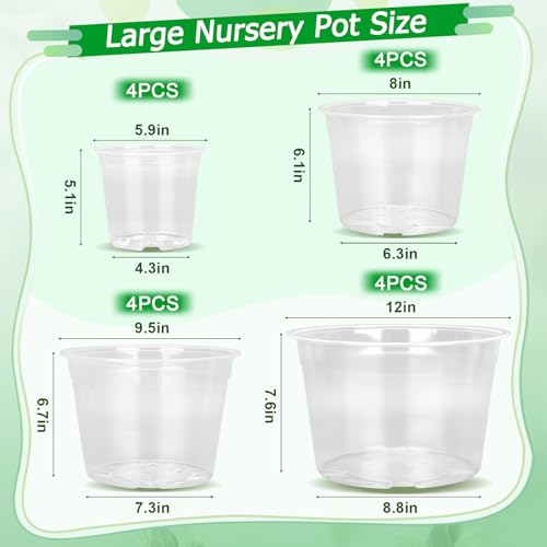 FUIJOL 6/8/10/12 Inch 16 Pack Large Clear Nursery Pots with Drainage - size: 6/8/10/12inch-16Pack