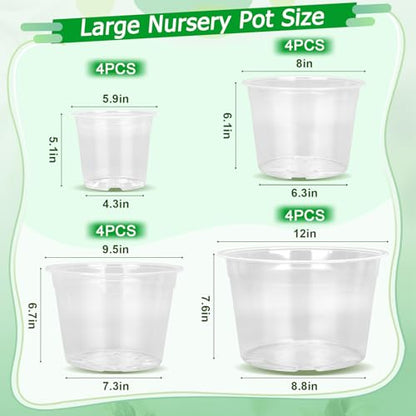 FUIJOL 6/8/10/12 Inch 16 Pack Large Clear Nursery Pots with Drainage - size: 6/8/10/12inch-16Pack