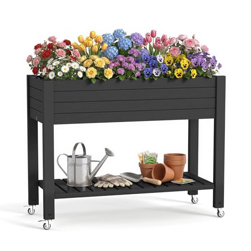 Elevated Raised Garden Bed,Outdoor Large Planter Box with Wheels & Shelf for Backyard Balcony,Dust-Proof Resin Patio Raised Bed for Herbs Flowers Vegetables(Black) - color: Black