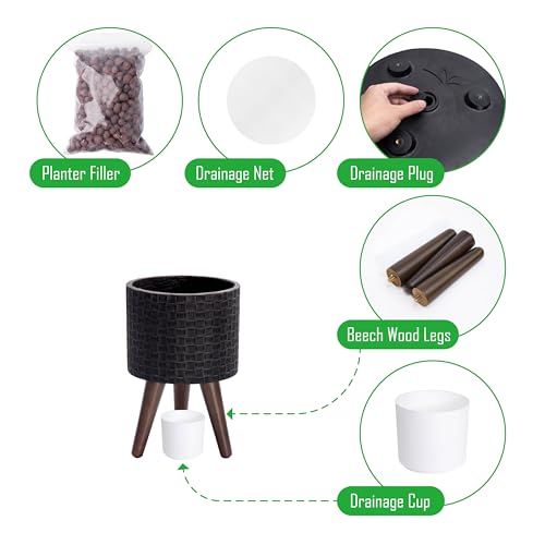 D'vine Dev Planter Pot with Wood Stand, 8 in, Distressed Black, 88-Z-A-5 - color: Distressed Black, size: Small