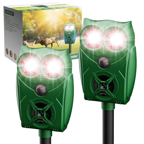 Solar Animal Repellent Ultrasonic Deer Deterrent - 2 Pack Waterproof Adjustable Large Solar Panel with Power Indicator, Motion Sensor & Outdoor Animal Repeller to Deter Cat, Coyote, Raccoon