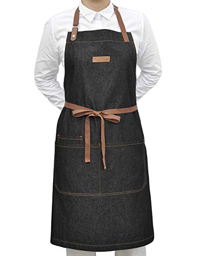 Black Denim Cooking Apron with Pockets for Men Women - color: Black Denim 7#
