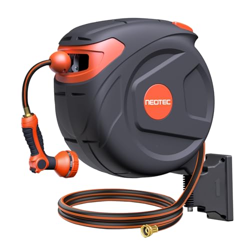 New 65ft 5/8 inch Retractable Garden Water Hose, Wall Mounted Hose Reel with Automatic Rewind System, Any-Length Lock & Spray Nozzle for Efficient Yard Work - size: 5/8 inch 65ft