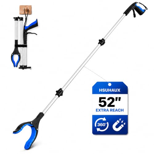Hsuhaus 52" Extra Long Grabber Reacher Tool, Foldable Reacher Grabber Pickup Tool with 4" Wide Anti-Slip Jaw, 360° Rotating Head, Dual Magnets for Home Use, Trash Pickup, Hard-to-Reach Areas