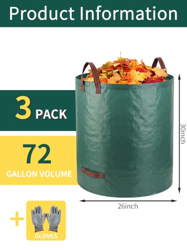 3Pack 72Gal Tear-Resistant Reusable Yard Waste Bags with Gloves