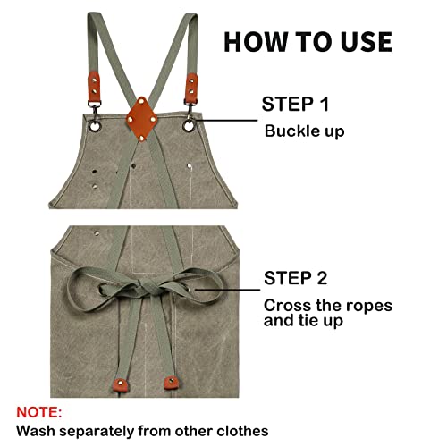 ZOMAO Cotton Canvas Cross Back Apron for Men and Women,Chef Apron With Adjustable Strap and Large Pockets,Kitchen Cooking Baking Bib Heavy Duty Work Apron - color: Grey Green