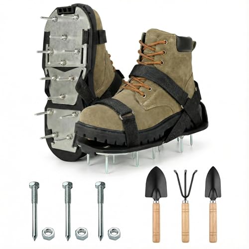 Lawn Aerator Shoes with Reinforced Aluminum Alloy Base,Pre-Assembled,Heavy Duty Spike Aeration Sandals for Garden Soil & Yard Care - Universal Fit with Cleaning Shovel & 3 Extra Spikes (BLACK) - color: BLACK