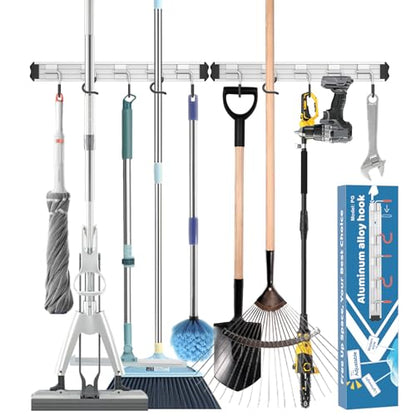 Mop and Broom Holder Wall Mount Garden Tool Rack Organizer - color: Black, size: 2 Packs 5 Hooks