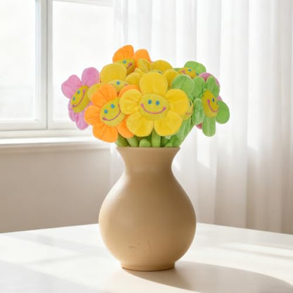 16 Pack Pastel Plush Flowers with Bendable Stems, Stuffed Sunflower Bouquet Toy with Smiley Face, 12 Inch Soft Artificial Flower for Curtain Tiebacks, Nursery Room Decor