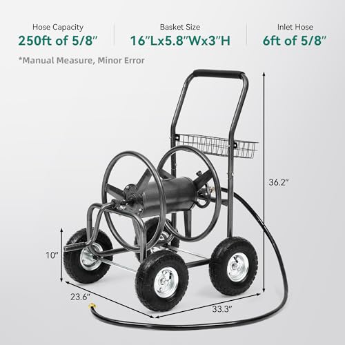 250ft Heavy Duty Hose Reel Cart with 4 Wheels, 5/8" Hose Capacity - color: Gray