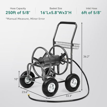 250ft Heavy Duty Hose Reel Cart with 4 Wheels, 5/8" Hose Capacity - color: Gray