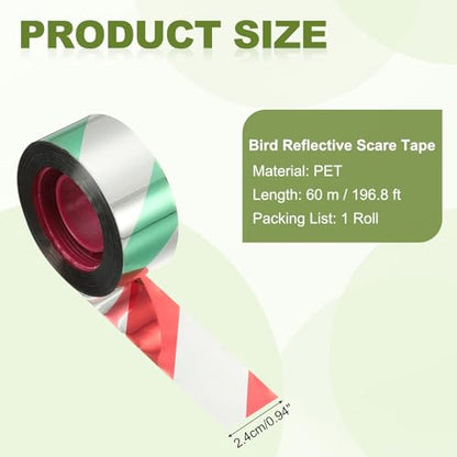 MECCANIXITY 196ft Long 1" Wide Green/Silver Dual Side Reflective Holographic Flash Bird Scare Tape Ribbon to Keep Birds Away, Hang Tie on Garden Farm Orchards Balcony Patio Yard Fence - color: Green Silver, size: 196.8ft x 0.94in