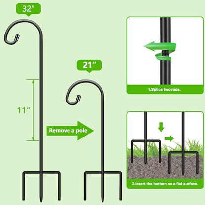 FEED GARDEN 32" Small Shepherd Hooks for Outdoor,Adjustable Decorative Garden Hooks for Solar Lanterns, Hanging Plants, Wind Chimes & Garden Decor, 2 Pack