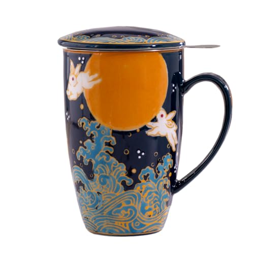 Tea Mug With Lid and Stainless Steel Infuser For Loose Leaf Tea Bag,15oz Tea Cup Porcelain, Hot Beverage Everyday Use Home Office, Gift Boxed (Moon Rabbit) - style: Moon Rabbit