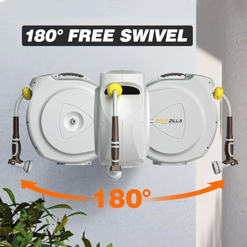 Retractable Garden Hose Reel, 5/8 in 100+6 ft, Heavy Duty Wall Mounted Water Hose Reel, Spring Power Automatic Rewind, Any Length Lock, 180° Swivel Bracket, 10 Pattern Spray Nozzle - size: 5/8" 100FT
