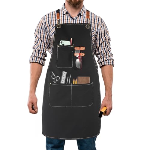 Unisex Woodworking Work Apron, 16oz Multi-Pocket Canvas Apron - color: Black