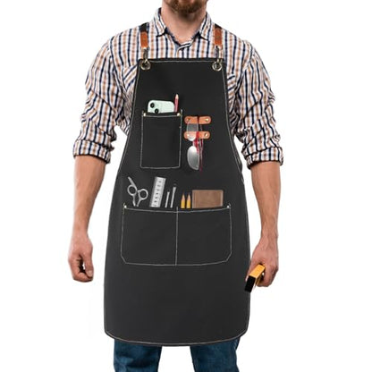 Unisex Woodworking Work Apron, 16oz Multi-Pocket Canvas Apron - color: Black