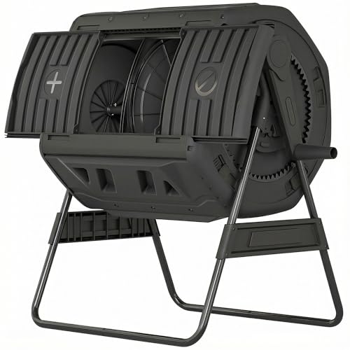 Outdoor Dual Chamber Compost Tumbler – 37" Rotating Compost Bin with Metal Base, UV-Resistant, Easy Assembly, Gardening Kit with Gloves & Tools (Black) - color: BLACK
