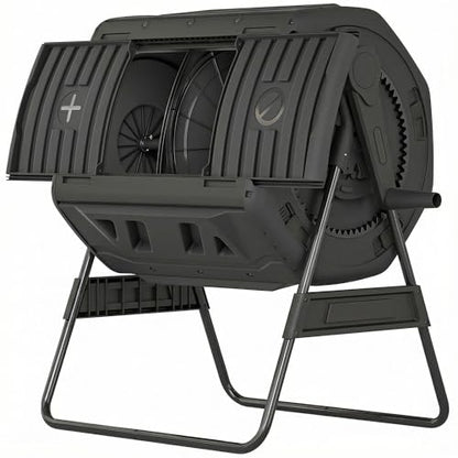 Outdoor Dual Chamber Compost Tumbler – 37" Rotating Compost Bin with Metal Base, UV-Resistant, Easy Assembly, Gardening Kit with Gloves & Tools (Black) - color: BLACK