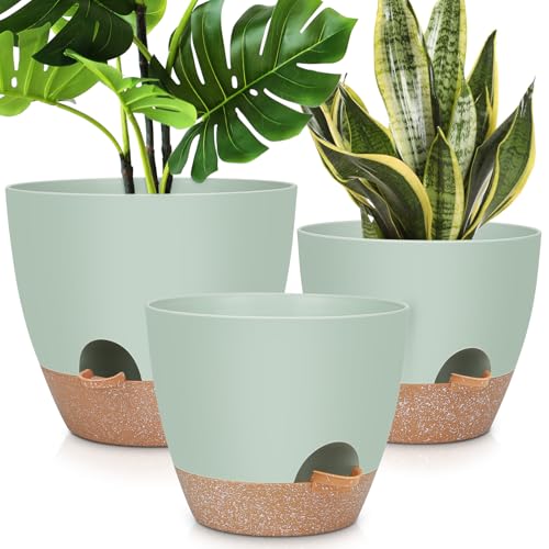 YNNICO 12" 10" 9" Large Self Watering Plant Pots, 3 Pack Flower Pots Planters with Multi Mesh Drainage Holes for Indoor Outdoor Garden Plants and Flowers. - color: Green, size: 12+10+9 Inch