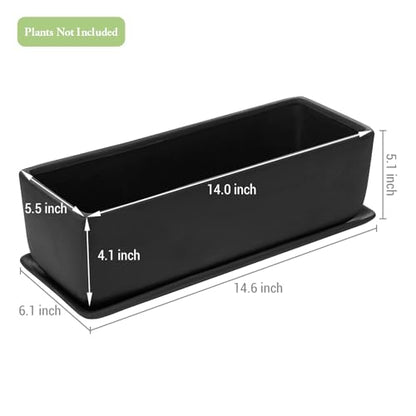 MyGift 14 Inch Matte Black Ceramic Rectangular Succulent Planter - size: 14 Inch - 1 Pack