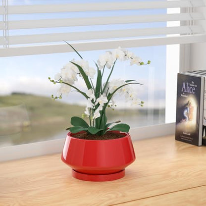 10 Inch Red Ceramic Planter with Drainage Hole and Saucer - color: Red, size: Large