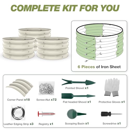 SHALL 3PCs Galvanized Raised Garden Bed Kit, 2x2x1ft Round Planter Boxes Outdoor W/Mini Seed Spreader, Disk Seeder, 2X Seeding Transplanters, Protective Gloves for Flowers Fruits Vegetables Herbs