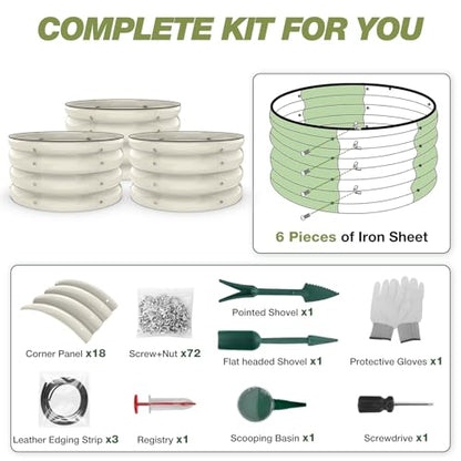 SHALL 3PCs Galvanized Raised Garden Bed Kit, 2x2x1ft Round Planter Boxes Outdoor W/Mini Seed Spreader, Disk Seeder, 2X Seeding Transplanters, Protective Gloves for Flowers Fruits Vegetables Herbs