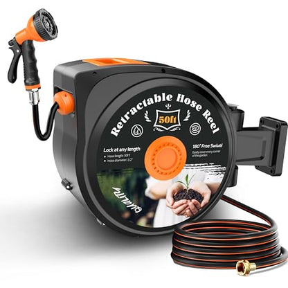 Retractable Garden Hose Reel, 50ft x 1/2", Wall Mounted, 10-Pattern Nozzle - size: 50FT