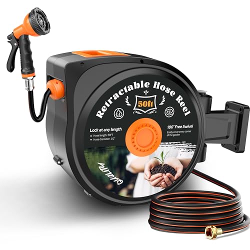 Retractable Garden Hose Reel, 50ft x 1/2", Wall Mounted, 10-Pattern Nozzle - size: 50FT