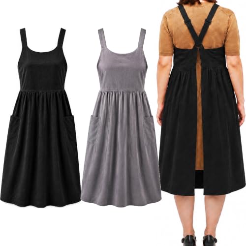 Cotton Linen Apron Cross Back Apron for Women with Pockets Pinafore Dress - color: 2 Pack-black+gray