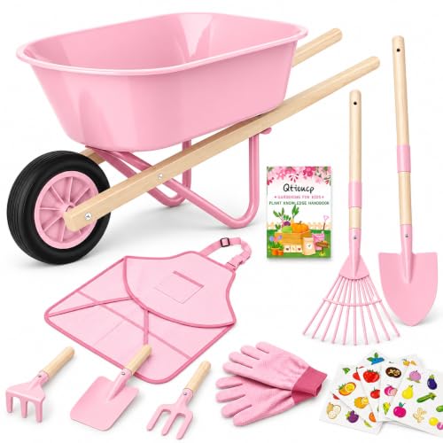 Qtioucp Kids Gardening Wheelbarrow Set, Metal & Wooden Garden Tools for Kids Ages 3-8, Real Wheelbarrows with Apron, Gloves & STEM Guide, Outdoor Backyard Garden Toy Gift - color: Pink